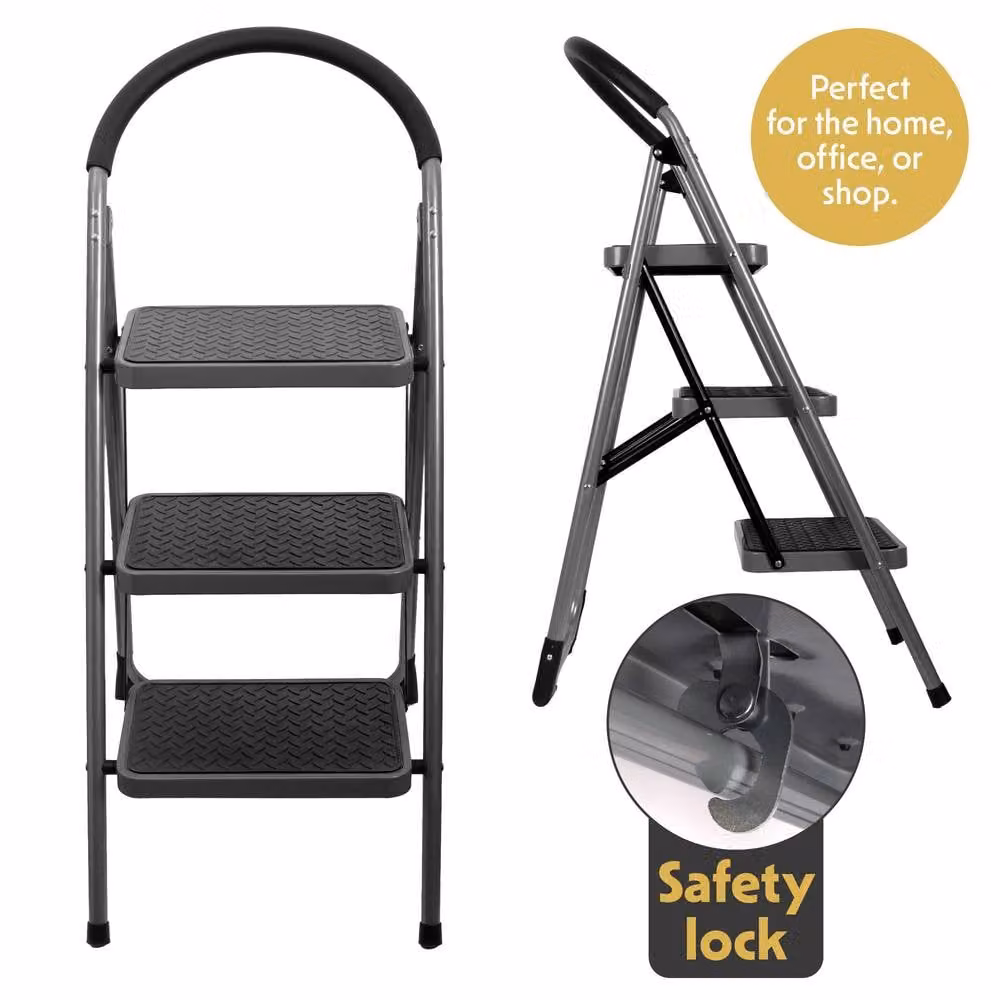 Futura 3 Step Ladder Premium Grey, Heavy-Duty Steel Folding Step Stool with Rubber Feet – 9