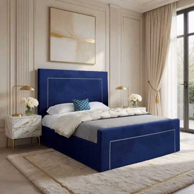 KDMD Lutterworth Upholstered Blue Soft Velvet Designer Bed Frame, Small Single – 1