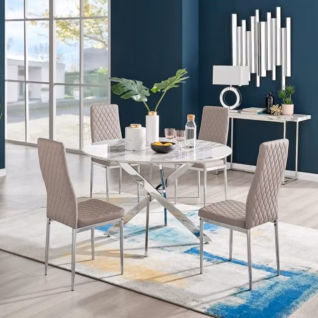FurnitureboxUK Novara White Marble Effect Dining Table with 4 Milan Chrome Leg Chairs in Cappuccino, Width: 120 cm