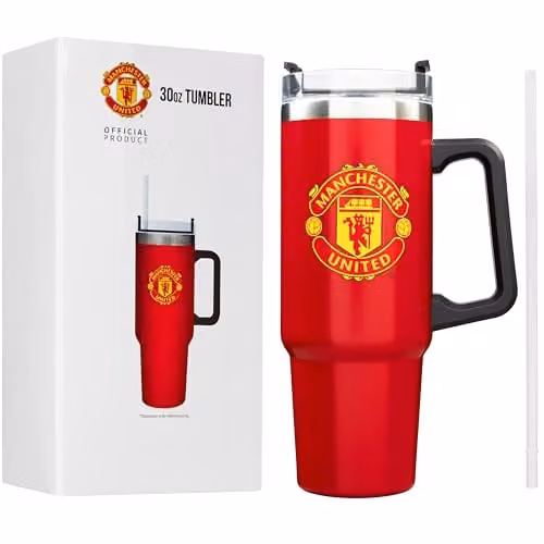 Get Trend Manchester United Insulated Stainless Steel Tumbler with Straw and Handle, Red, 850ml