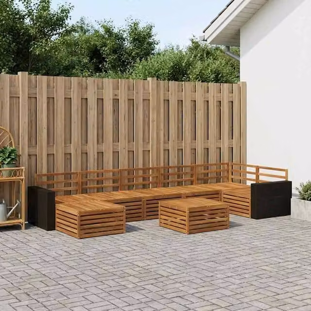 Berkfield Home 8 Piece Modern Outdoor Sofa Set in Brown Acacia Wood with Cushions and Ottoman