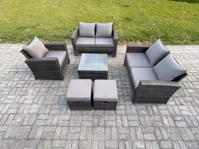 Fimous 7 Seater Rattan Garden Furniture Set in Dark Grey with Coffee Table, Chair and 2 Footstools