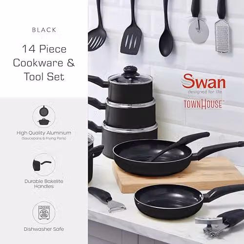 Swan Townhouse 14 Piece Black Aluminium Cookware and Tool Set with Ceramic Coating, including 16cm, 18cm and 20cm Saucepans with Glass Lids and 20cm and 26cm Frying Pans – 2