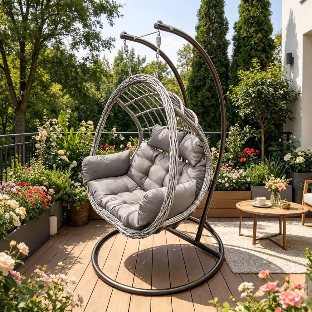 Fimous Rattan Two Seater Hanging Egg Chair with Cushion in Dark Grey – 3