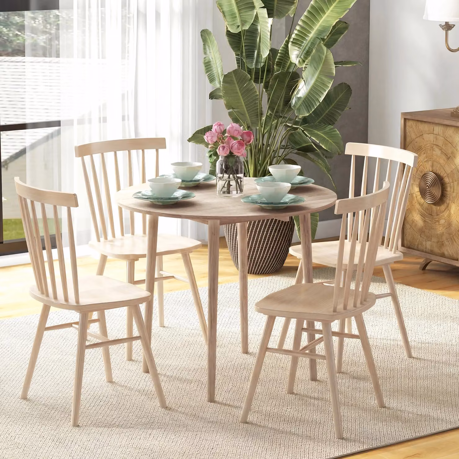 HOMCOM Round Folding Dining Table with Butterfly Drop Leaf and Wood Legs in Beige – 2