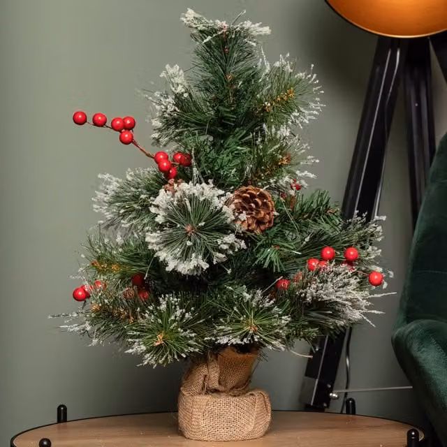 Samuel ALEXANDER 50cm Mini Christmas Tree in Burlap Base with Frosted Tips and Red Berries in Green and Red