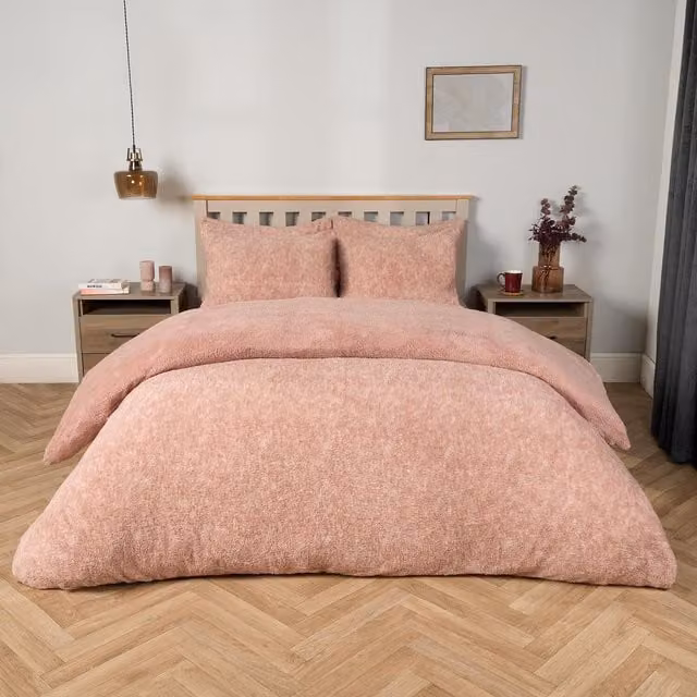 OHS Hygge Teddy Marl Fleece Duvet Set and Pillowcase in Pink, 140 x 200 cm