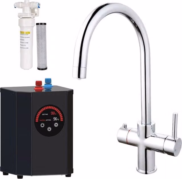 Nes Home Round Chrome Instant Boiling Water and Filtered Water Kitchen Tap with Single Lever Swivel Spout in Silver – 1