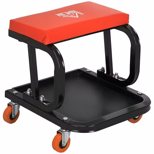 HOMCOM Red Rolling Workshop Stool with Synthetic Leather Seat and Castors