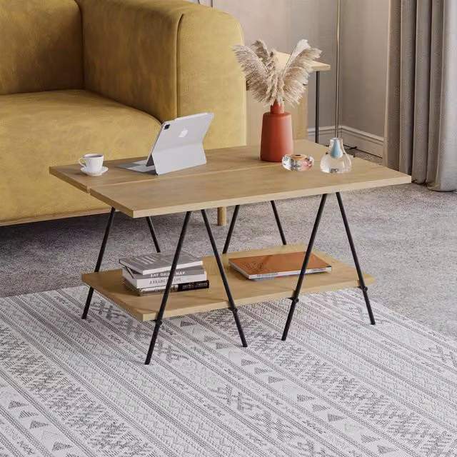 FWStyle 2 Tier Oak and Black Metal Coffee Table