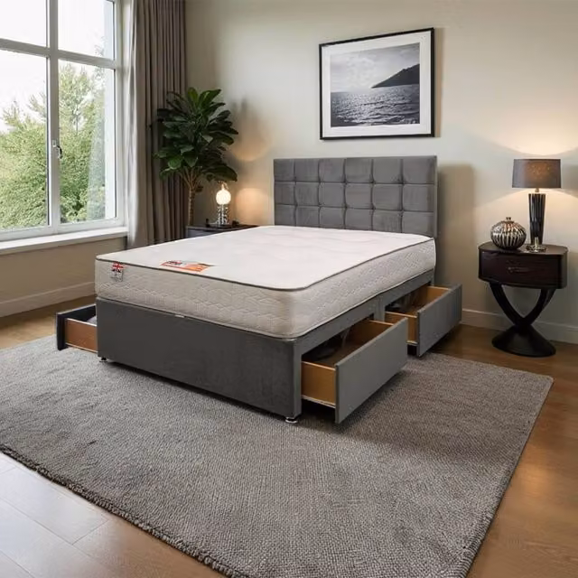 Knight Sleep Modern Upholstered Fabric Bed Set with Drawers and Headboard in Silver Grey, W/D/H: 140 x 200 x 60.96 cm
