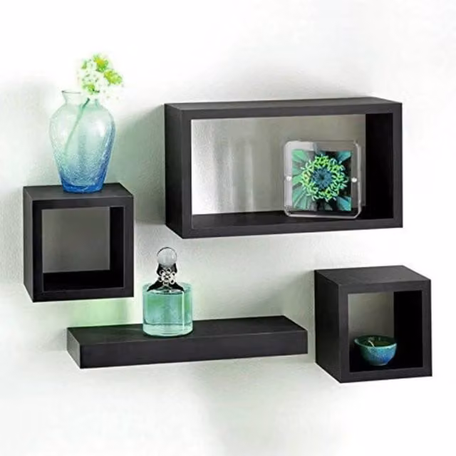 Kelvenix Set of 4 Black Wooden Floating Cube Wall Mounted Shelves