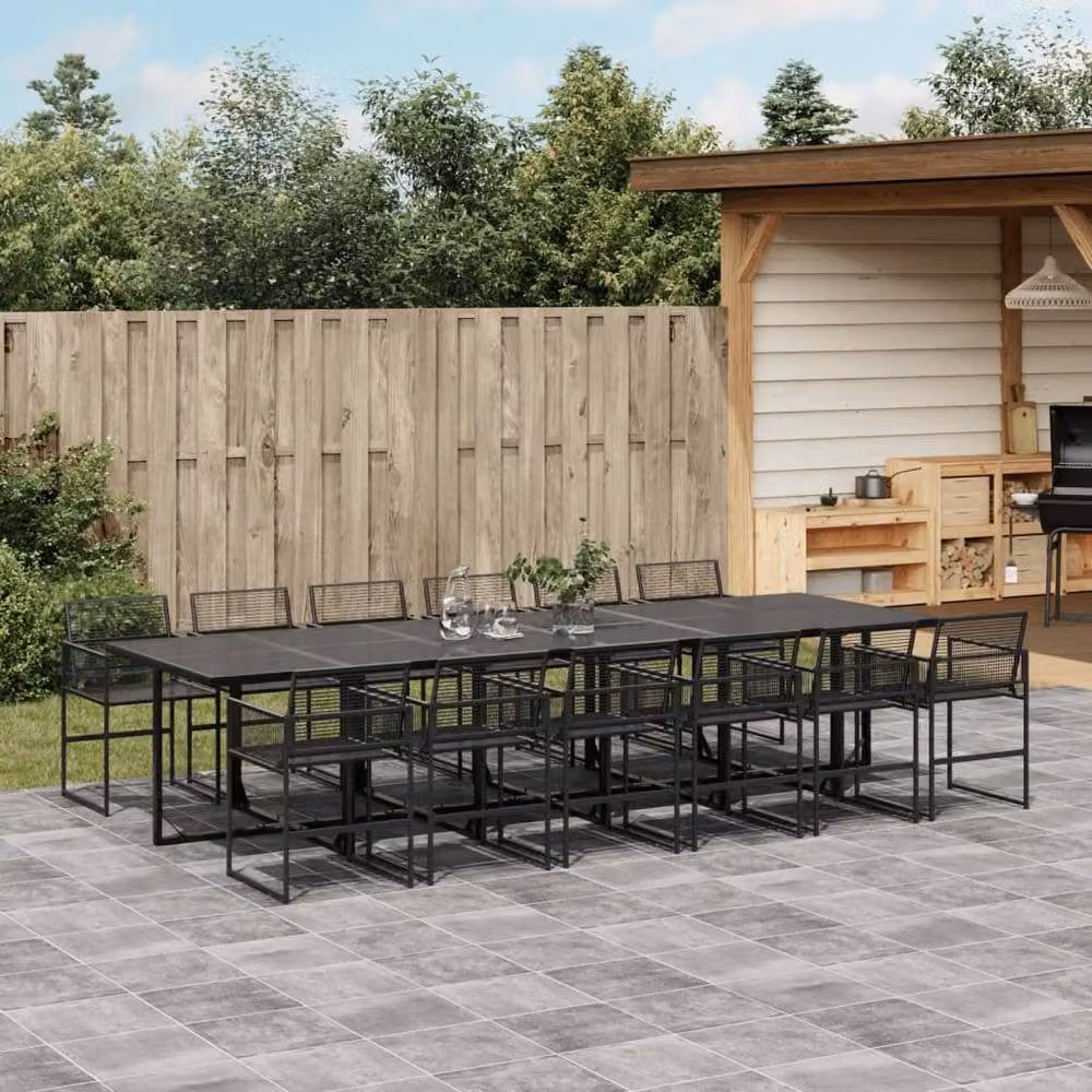 Berkfield Home Beautiful 13 Piece Black Poly Rattan Garden Dining Set with Glass Tabletop – 1