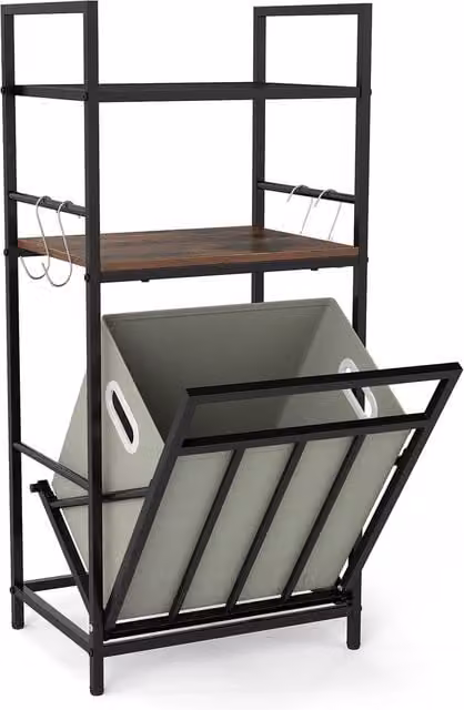 Costway 2-Tier Brown Laundry Hamper with Tilt-out Basket, 4 Hooks and Removable Bag – 1