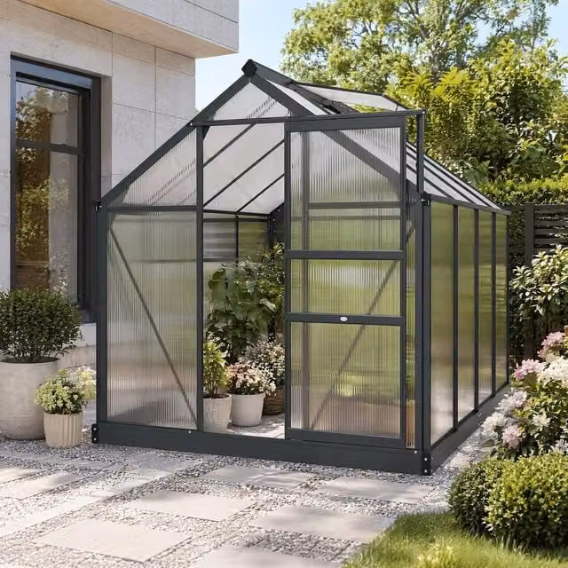 STILVORA Grey Walk-In Greenhouse with Aluminium Frame, Polycarbonate Panels, Sliding Door, Window and Rain Gutter, W/D/H: 190 x 190 x 201 cm