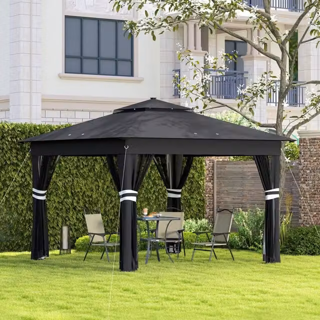 Outsunny Pop Up Gazebo with 20 Solar-Powered LED Lights, Black, W: 336 cm, D: 336 cm, H: 250 cm