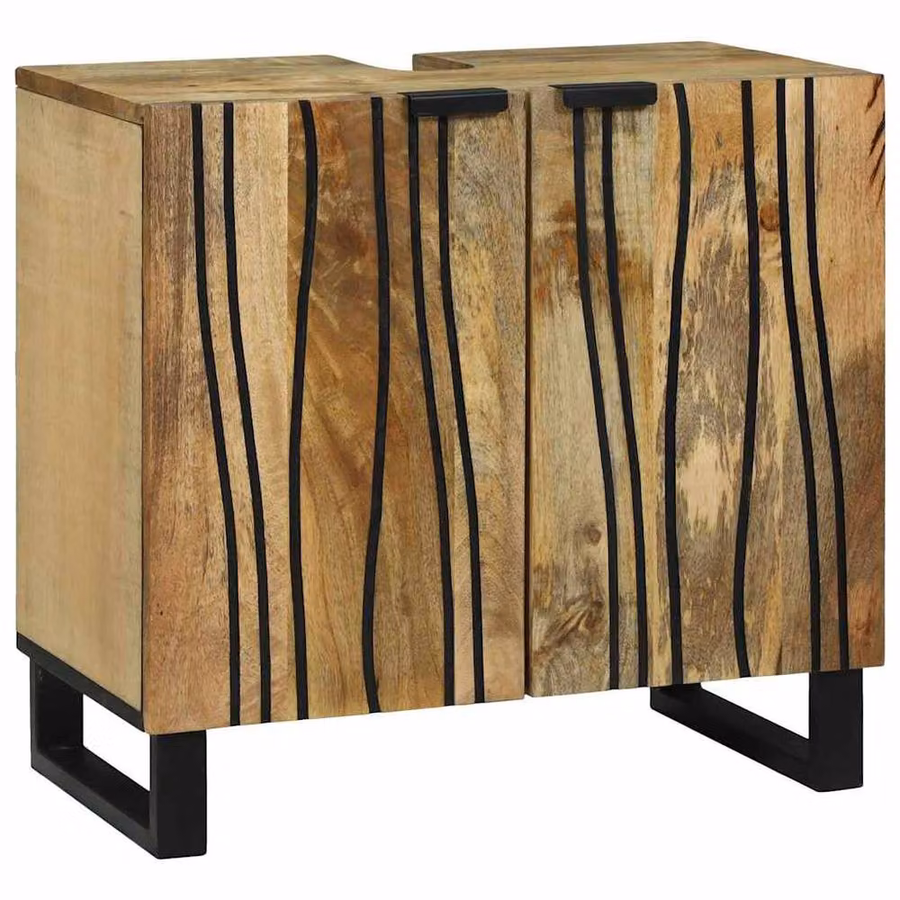 Berkfield Home Sink Cabinet in Brown and Beige, Solid Mango and Engineered Wood, W: 62 cm, D: 33 cm, H: 58 cm – 3