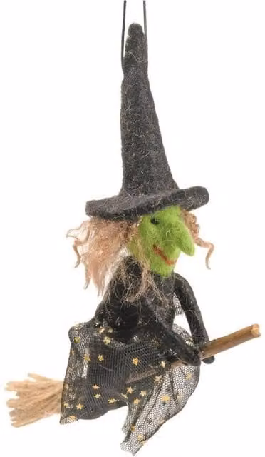 KDMD Grey and Black Felt Witch on a Broomstick Hanging Decoration, 13 cm