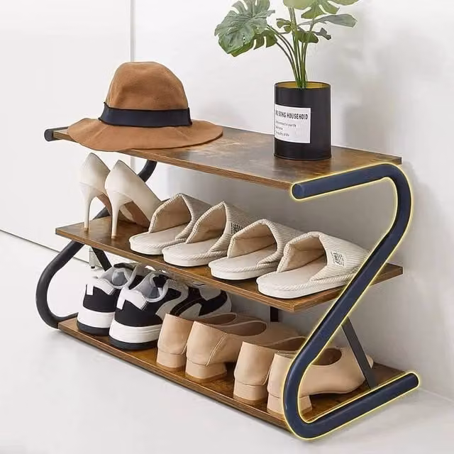 KORVIXA 3-Tier Industrial Metal and Wood Shoe Rack in Brown, W: 100 cm, D: 40 cm, H: 60 cm – 1