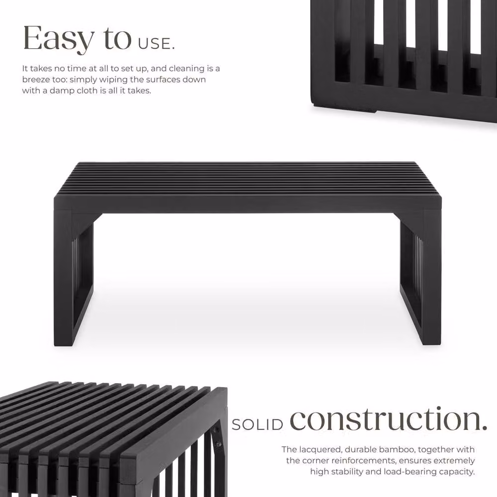 tectake Ribb XL Slatted Stool or Bench in Black with Bamboo Wood Design – 3