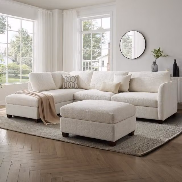 Home Detail Ben Left-Hand Corner Sofa with Matching Ottoman in Cream Beige – 1