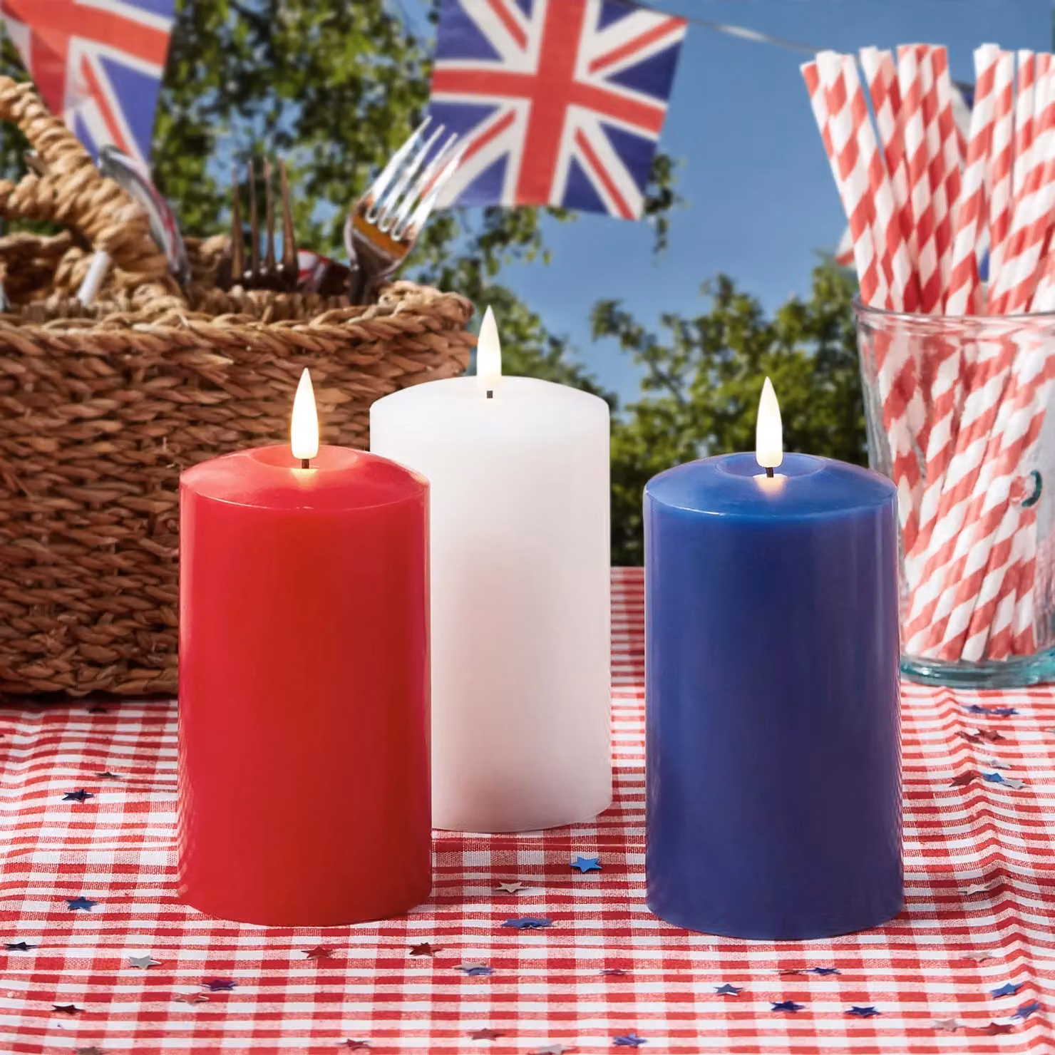 Lights4fun TruGlow Red, White and Blue LED Pillar Candle Trio with Remote Control, Flicker Effect and Timer