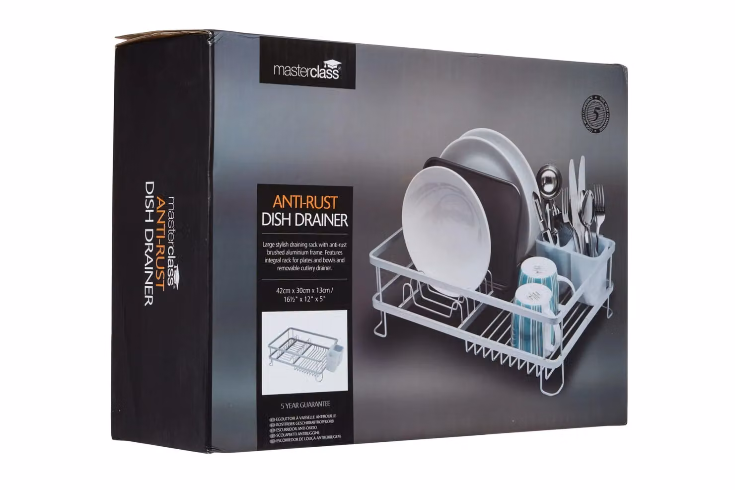 MasterClass Grey Aluminium Anti-Rust Dish Drainer with Cutlery Holder – 5
