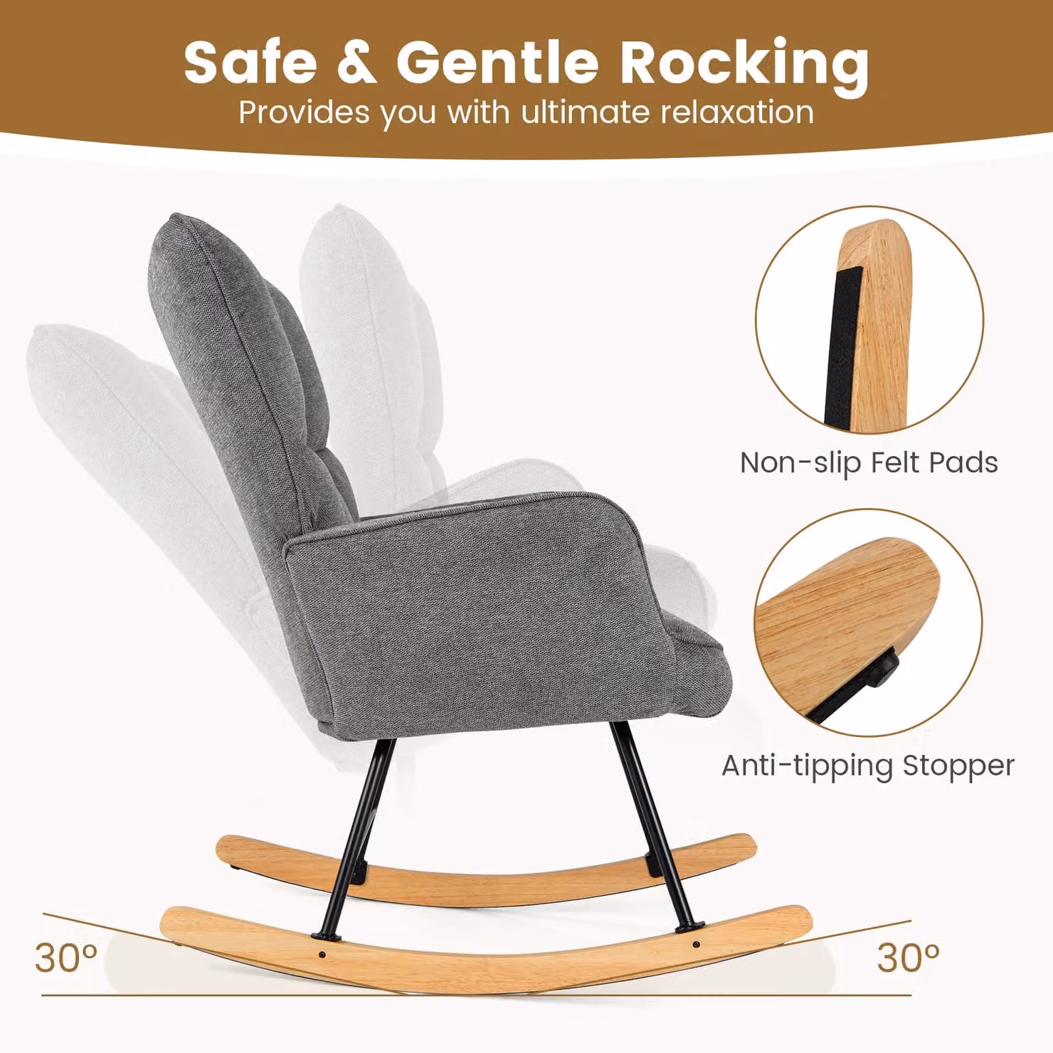 Gymax Linen Rocking Chair Accent Chair with High Backrest and Padded Armrests in Dark Grey – 5
