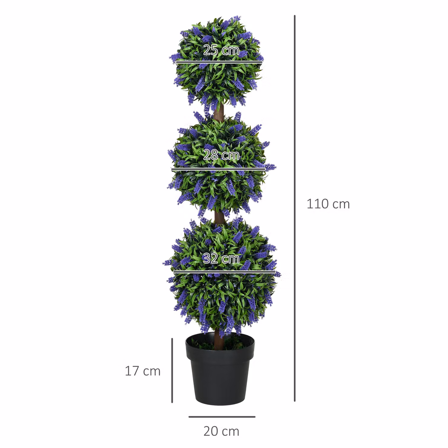 HOMCOM Set of 2 Artificial Lavender Flower Ball Trees in Green and Purple with Concrete Pots, Height: 110 cm – 3