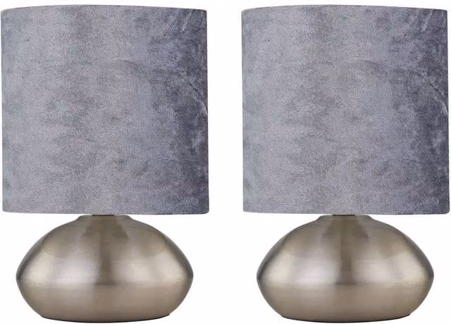 First Choice Lighting Jenson Set of 2 Brushed Chrome Touch Table Lamps with Grey Fabric Shades