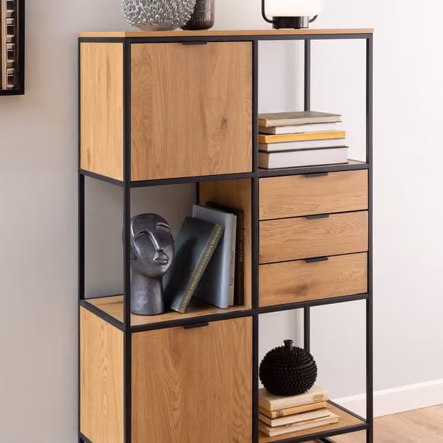 Furniture To Go Swindon Bookcase in Black and Wild Oak with 2 Doors, 3 Drawers and 1 Shelf