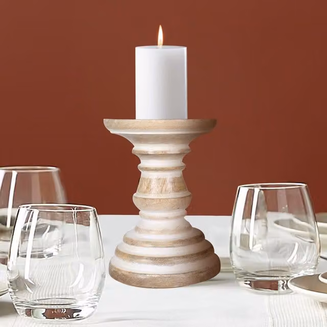 Topfurnishing Rustic Pillar Candle Holder in Brown and Yellow Wood and Metal, Height: 12 cm
