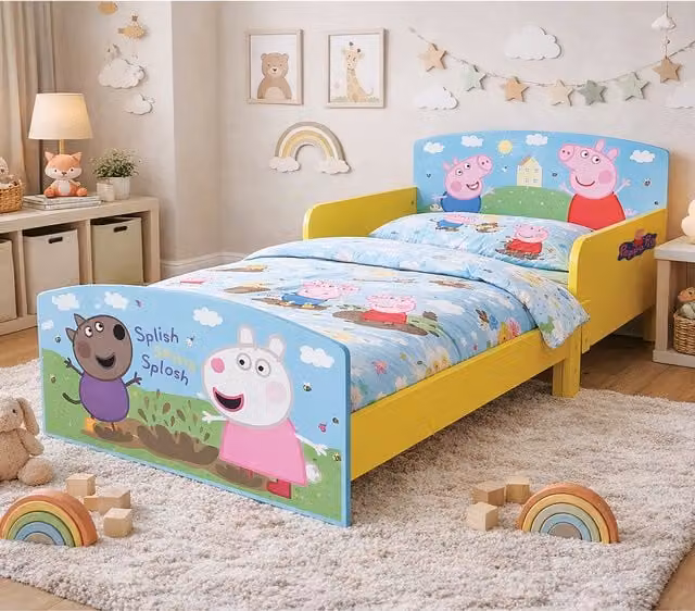 KIDSAW Modern Solid Wood Kids Toddler Bed Frame with Safety Rails, White and Blue
