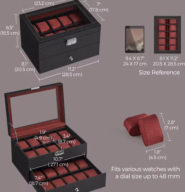 SONGMICS 2-Tier Watch Organiser Box with Glass Lid, Black, W: 28.5 cm, D: 16.5 cm, H: 1.0 cm