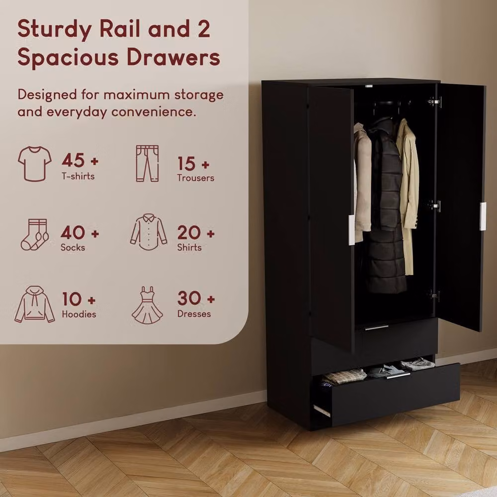 HD Designs Trega Modern 2 Door 2 Drawer Wardrobe in Matt Black with Hanging Rail and Internal Shelves – 2