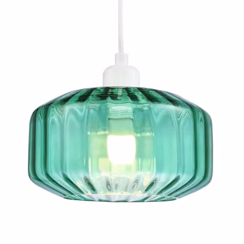 Happy Homewares Emerald Green Ribbed Glass Pendant Lamp Shade, Cylinder Style, W: 13 cm, H: 20 cm – 1