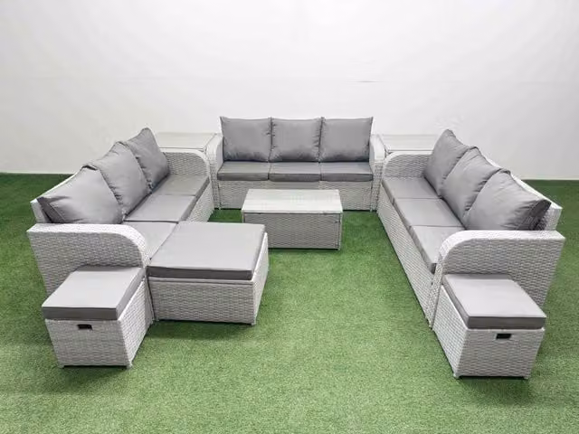 Fimous 12 Seater PE Rattan Outdoor Garden Lounge Sofa Set with Rectangular Coffee Table, 3 Seater Sofa, 3 Stools and 2 Side Tables in Light Grey