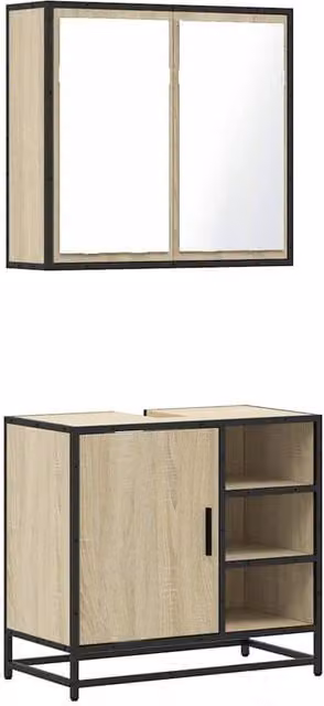 Berkfield Home 2 Piece Industrial Bathroom Furniture Set in Sonoma Oak Brown, featuring a Vanity Unit and Mirror Cabinet – 1