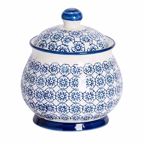 Nicola Spring Floral Patterned Porcelain Sugar Bowl with Lid - Blue – 1
