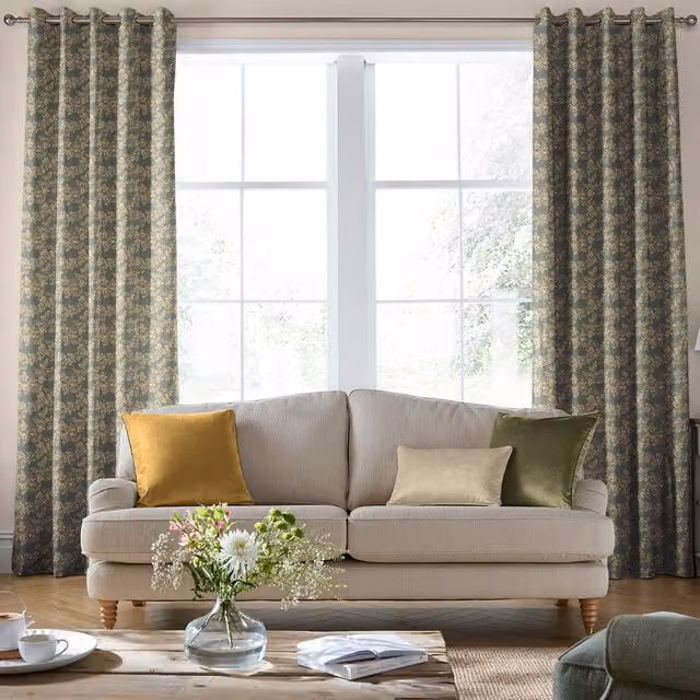 Laura Ashley Burnham Woven Made to Measure Blackout Eyelet Curtain in Green Floral Design