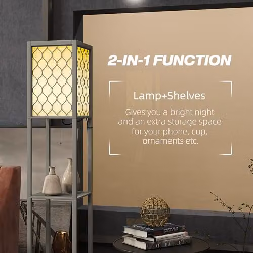 HOMCOM 2-Light Modern Floor Lamp with Shelves in Grey – 3