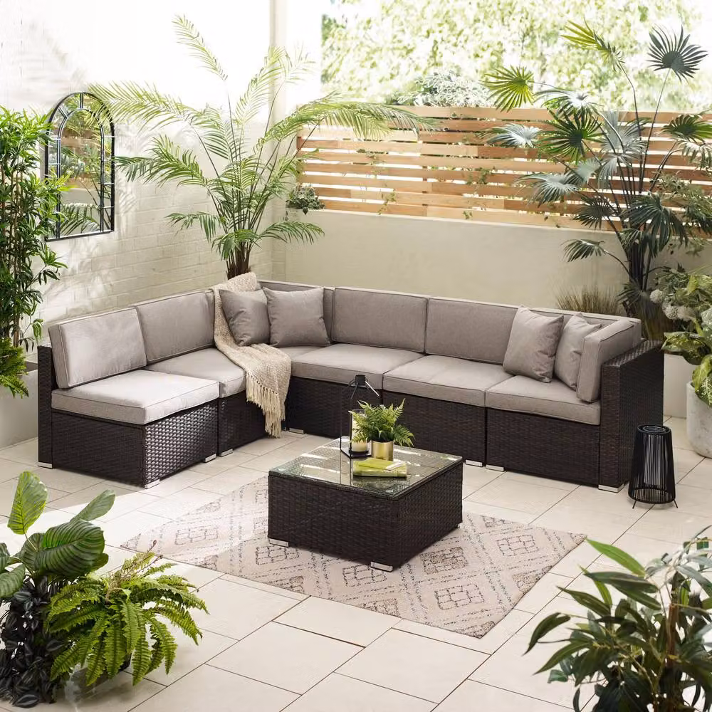FurnitureboxUK Orlando 6 Seat Modular L Shape Corner Garden Rattan Sofa in Brown and Grey – 3