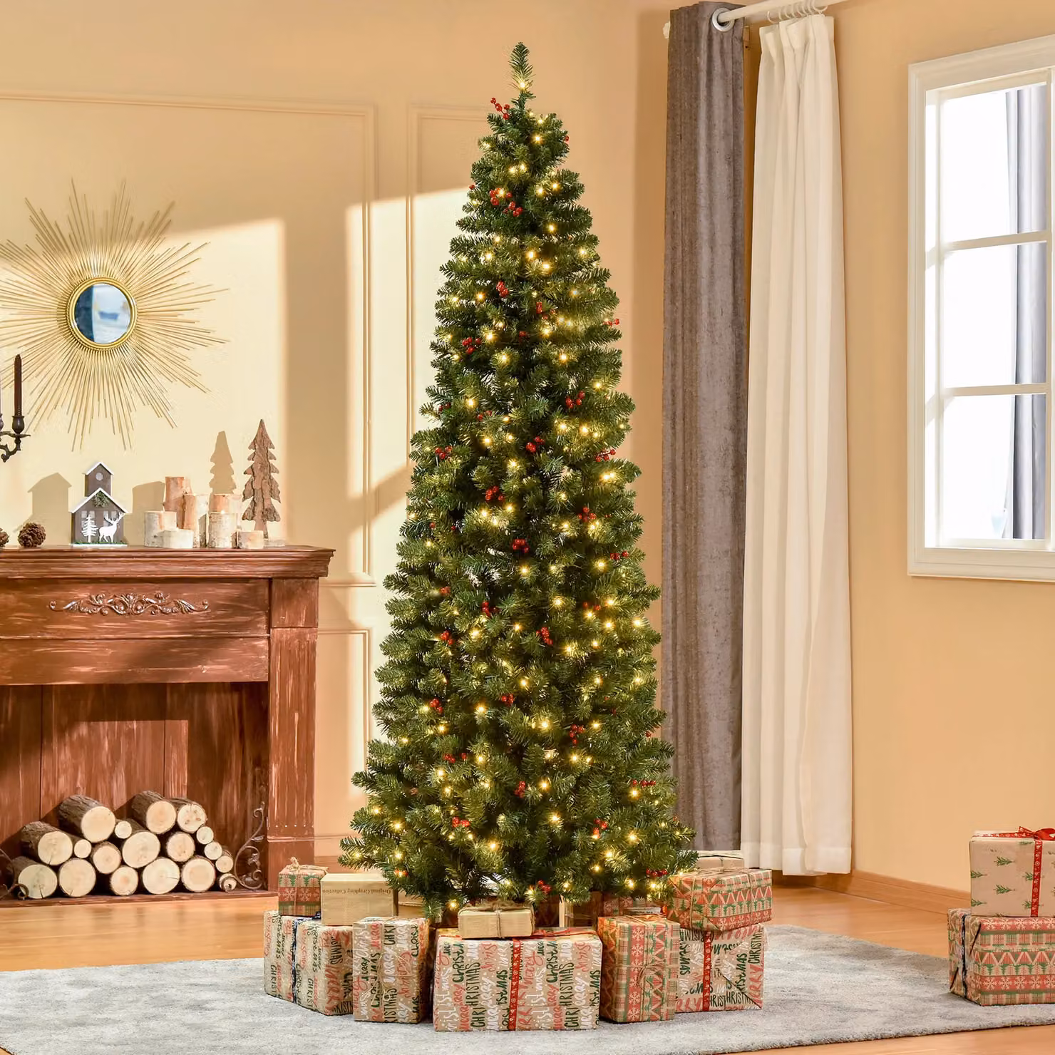 HOMCOM 7ft Artificial Pencil Christmas Tree with Warm White LED Lights and Red Berry Decor in Green – 2