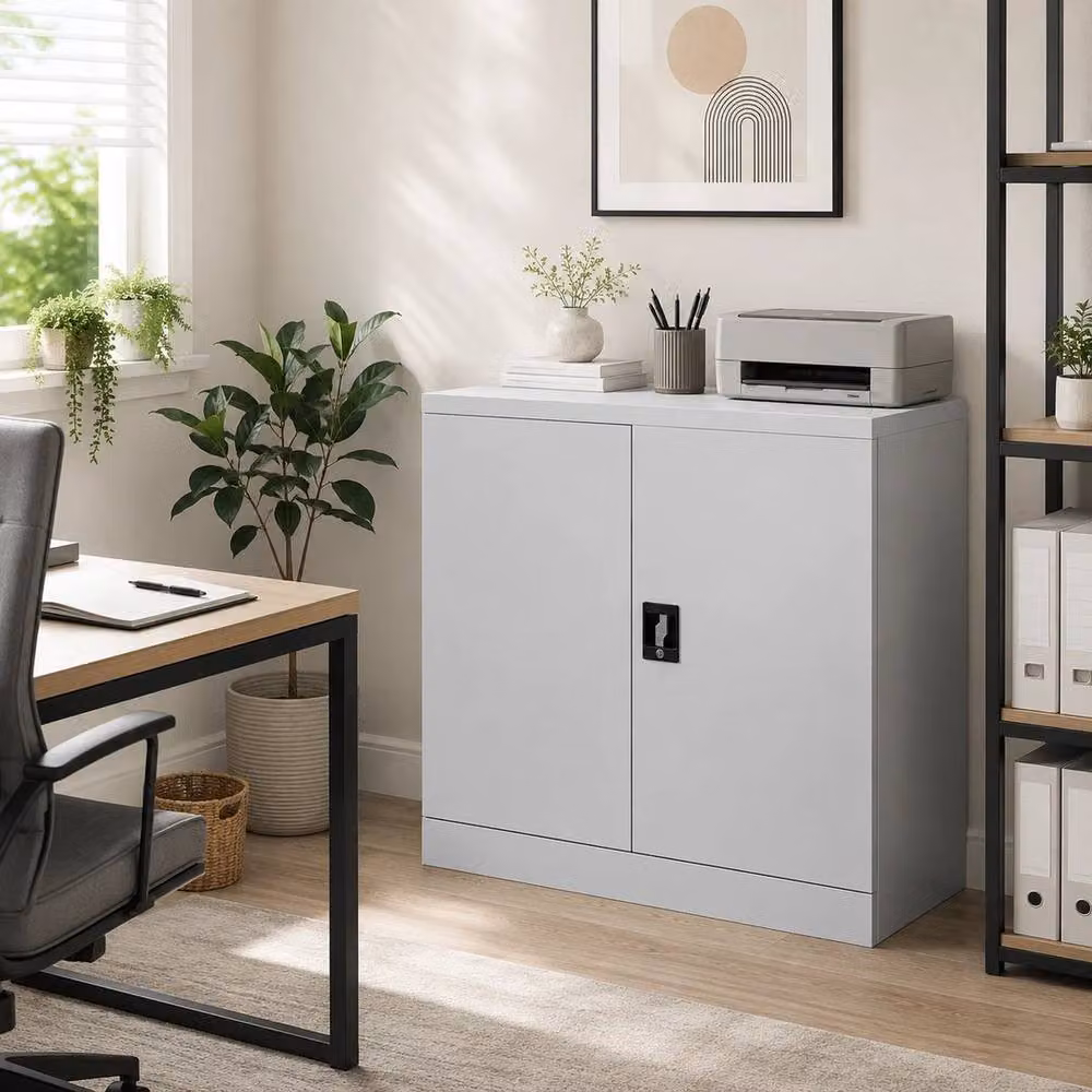 FORGEVIO Grey Metal Storage Cabinet with Lockable Hinged Doors and Adjustable Shelves for Home or Office – 2
