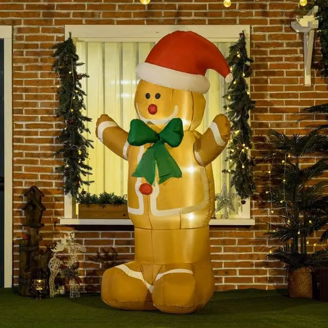 HOMCOM 6ft Inflatable Gingerbread Man with Santa Hat and LED Lights, Orange and Multicolour Outdoor Christmas Decoration