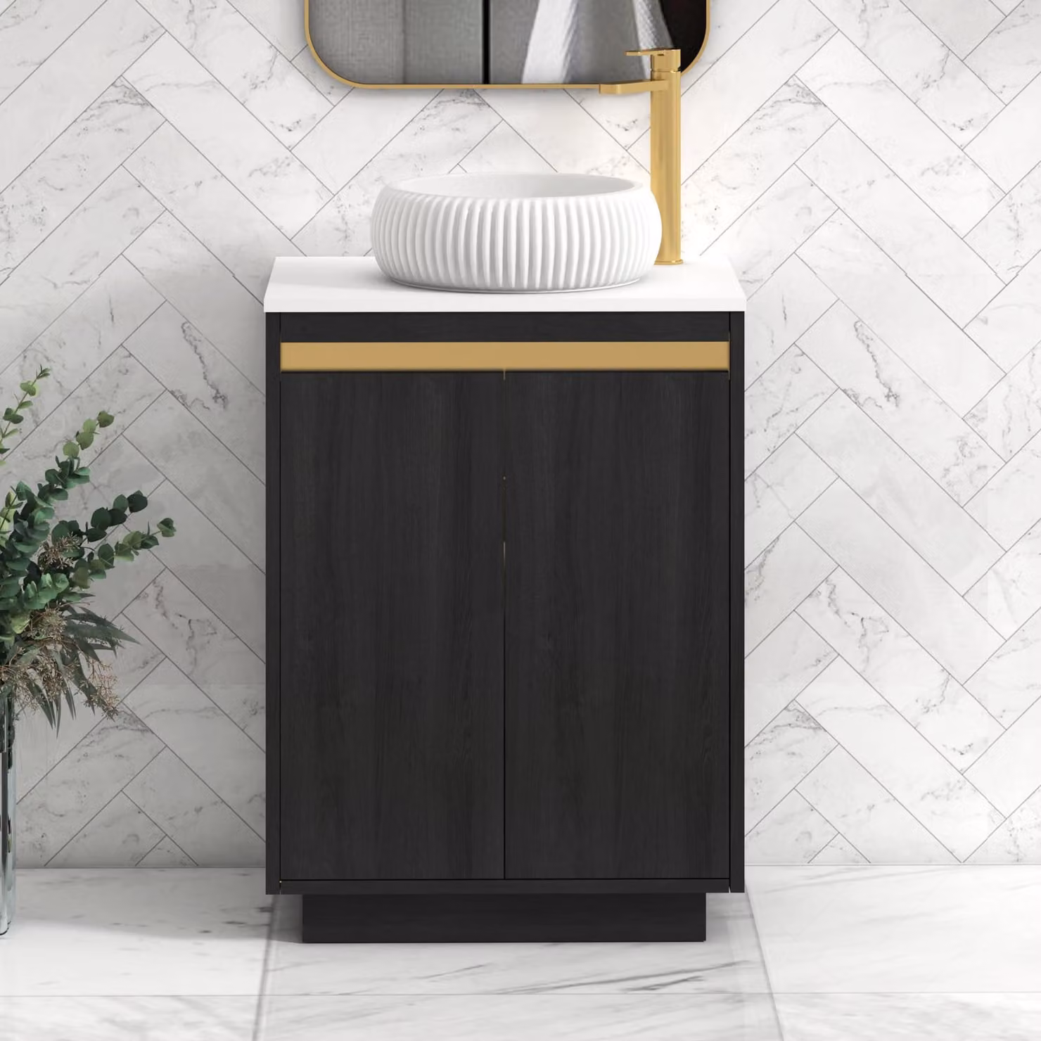 Royal Bathrooms Orion 600mm Hale Black and Plain White Floor Standing Countertop Vanity Unit with Milan Basin and Brushed Brass Accent Trim