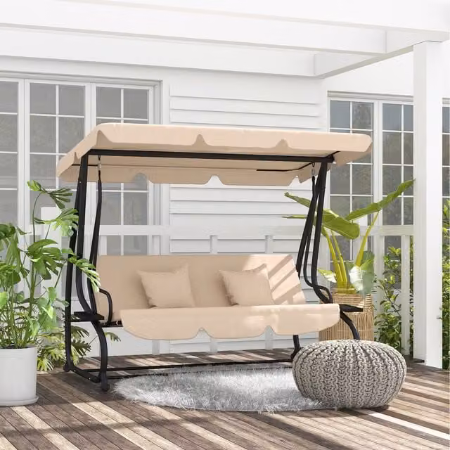 Outsunny 2-in-1 Convertible Patio Swing Chair Bed with Sun Canopy and Cushions, Light Brown and Beige