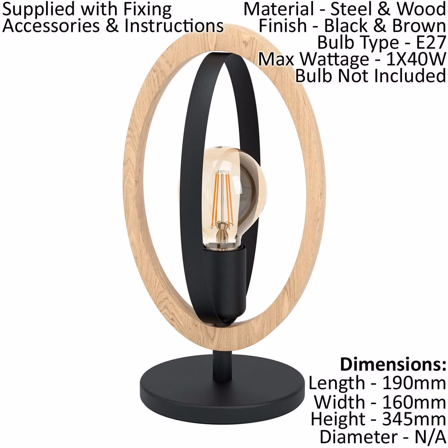 Loops 2 Pack Table Lamps in Black Steel and Wood with Ring Loop Shade, E27, 1x 40W – 2