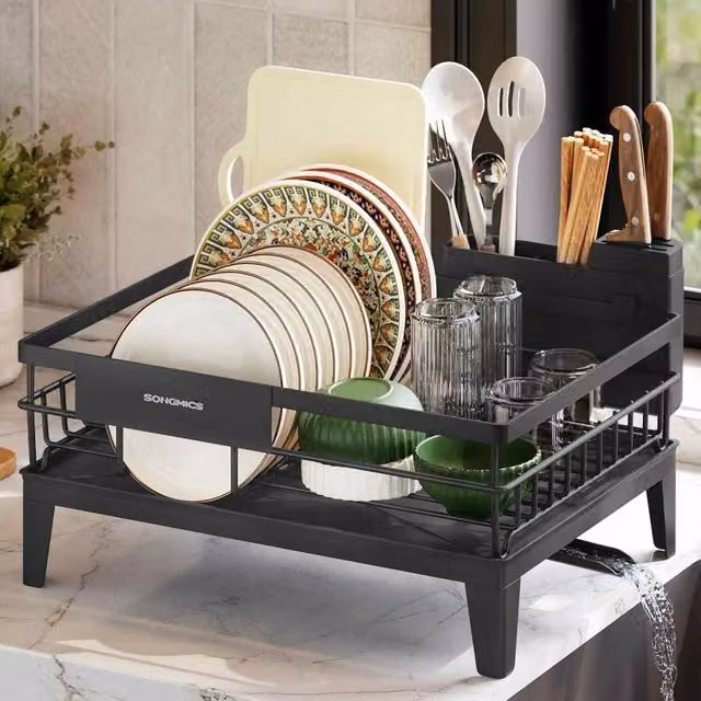 The Bazaarist Rotating Dish Drying Rack with Cutlery Holder and Drip Tray, Black