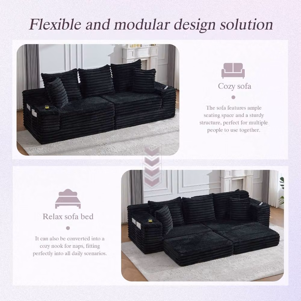 Rolipo Black Corduroy Sleeper Sofa Bed with Cup Holders and Side Pockets – 5